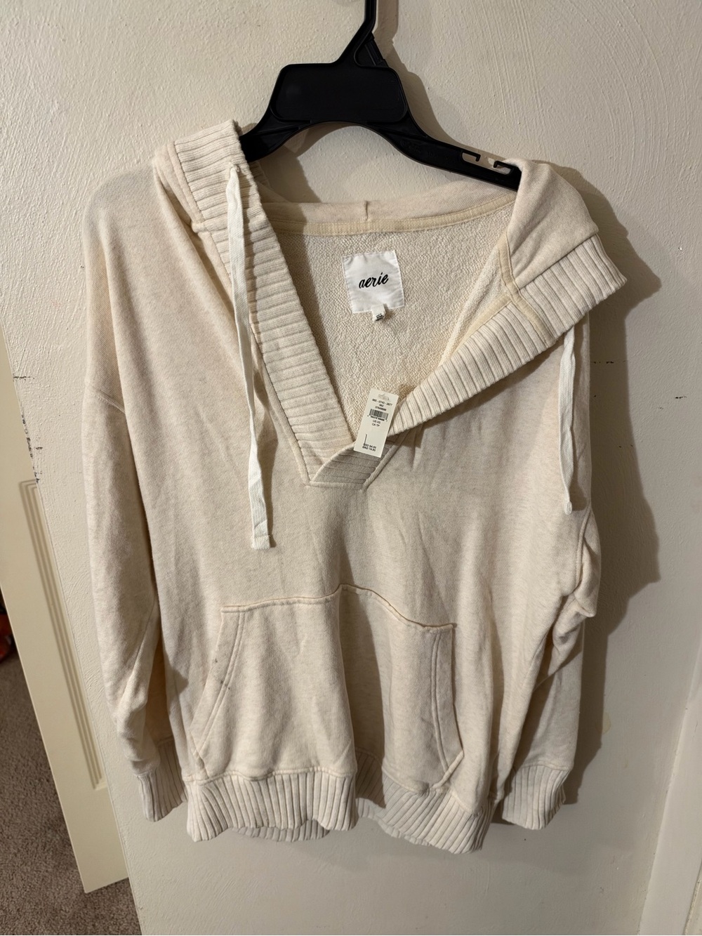 aerie Cream Hooded V‑Neck Pullover Sweater
